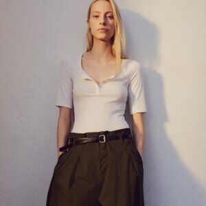 H&M Ribbed Henley Short Sleeve Tan Top